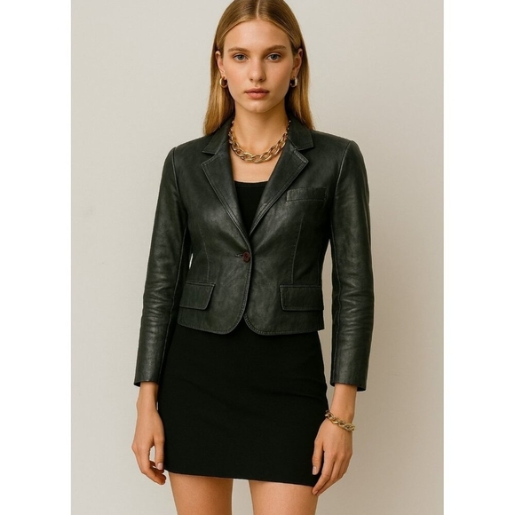 Vintage Leather Blazer Jacket Women’s EU38/US6 Green Notched Lapel Single Button - Picture 1 of 11